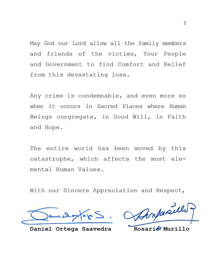 Nicaragua condena atentado terrorista en Nueva Zelanda